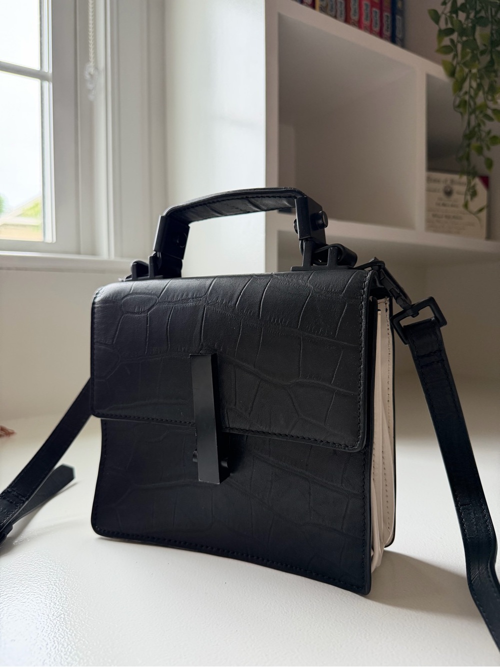 Kendall + Kylie Black Faux Croc-Embossed Leather Top Handle and Crossbody Bag